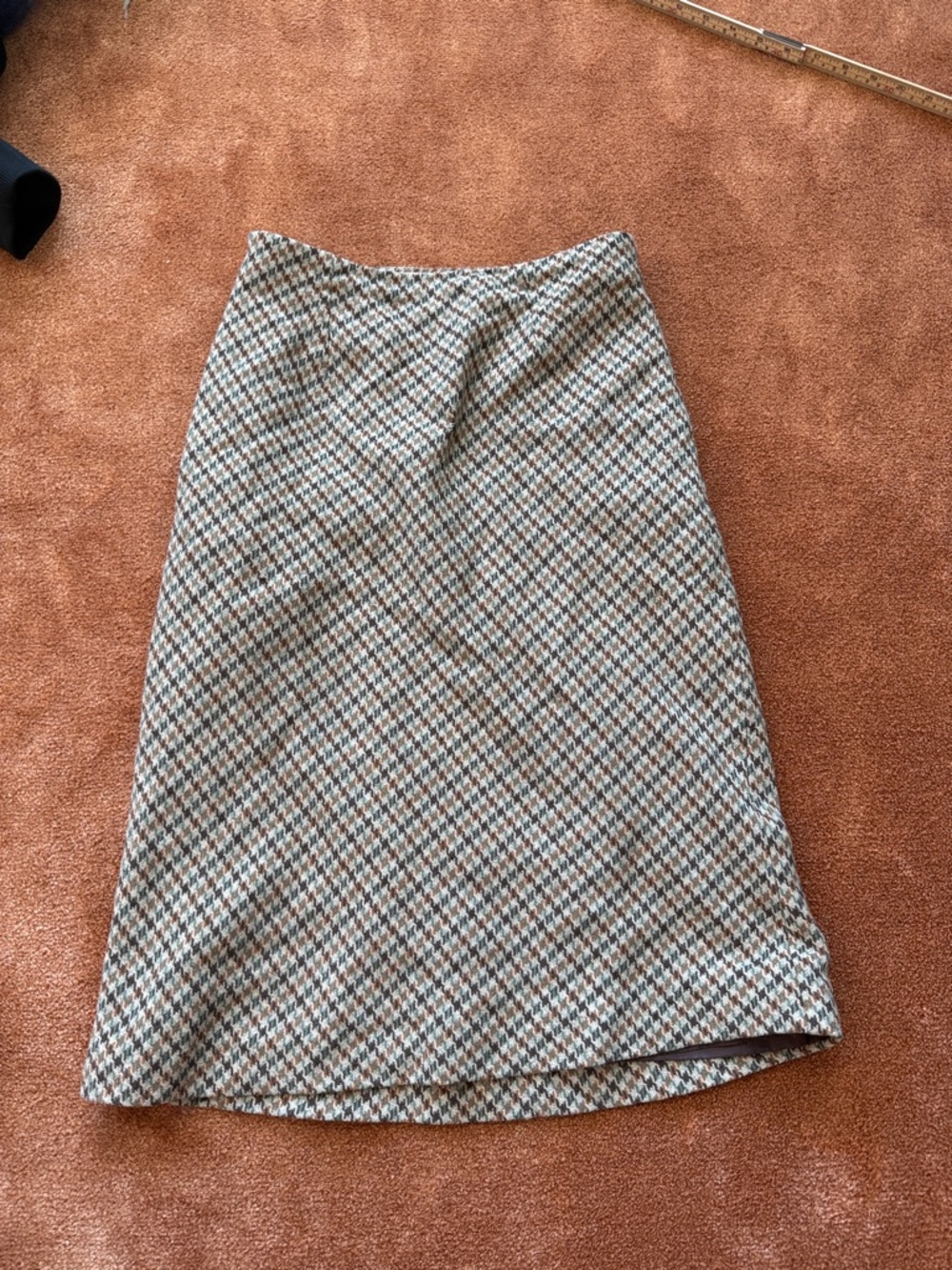 VINTAGE 90S houndstooth BROWN WOOL MIDI SKIRT